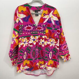 Vintage 1990 Tunic Top L IB Diffusions 100% Cotton Knit Floral Cruise Resort